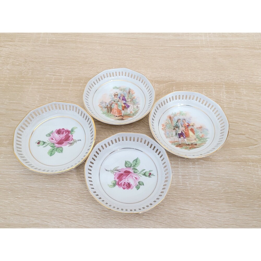4 Set Vintage Schumann Bavaria Germany Reticulated Bowls Roses Courting Couple